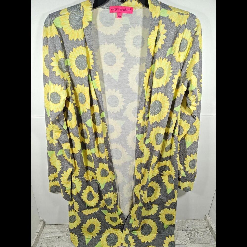 Simply Southern Womens Sunflowers Gray Open Front Duster Cardigan S/M